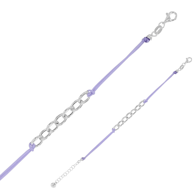 Bracelet cordon nylon couleur lilas, anneaux et fermoir argent 925/1000