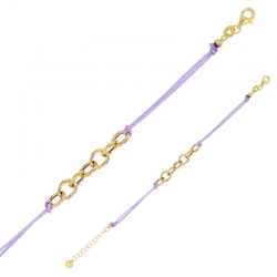 Bracelet cordon nylon couleur lilas, anneaux et fermoir argent 925/1000 doré
