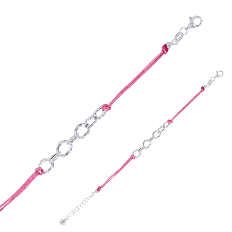 Bracelet cordon nylon noir, anneaux et fermoir argent 925/1000