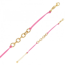 Bracelet cordon nylon rose, anneaux et fermoir argent 925/1000 doré