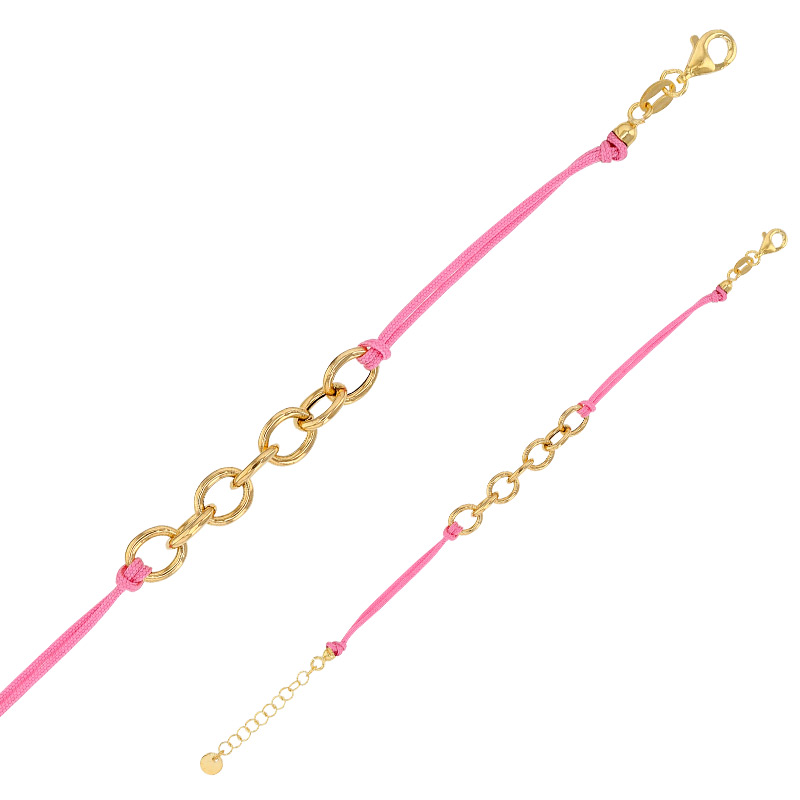 Bracelet cordon nylon rose, anneaux et fermoir argent 925/1000 doré