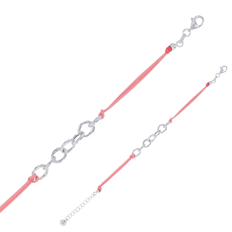 Bracelet cordon nylon rose clair, anneaux et fermoir argent 925/1000