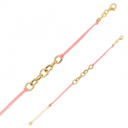 Bracelet cordon nylon rose clair, anneaux et fermoir argent 925/1000 doré