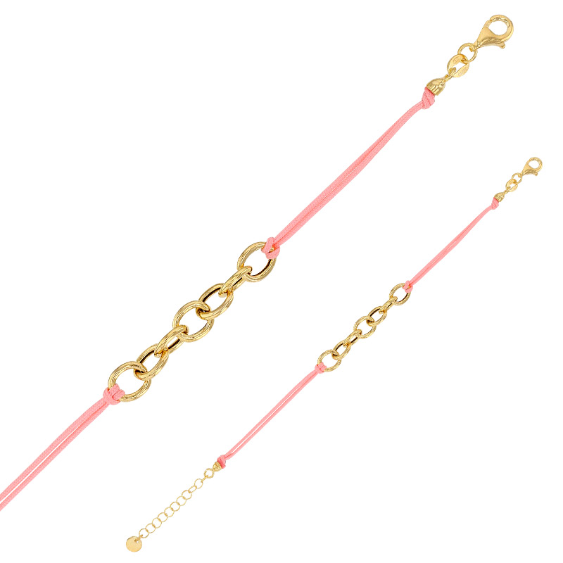 Bracelet cordon nylon rose clair, anneaux et fermoir argent 925/1000 doré