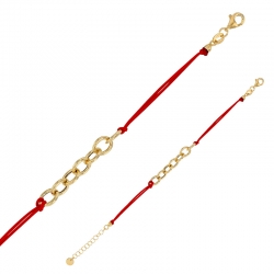 Bracelet cordon nylon rouge, anneaux et fermoir argent 925/1000 doré