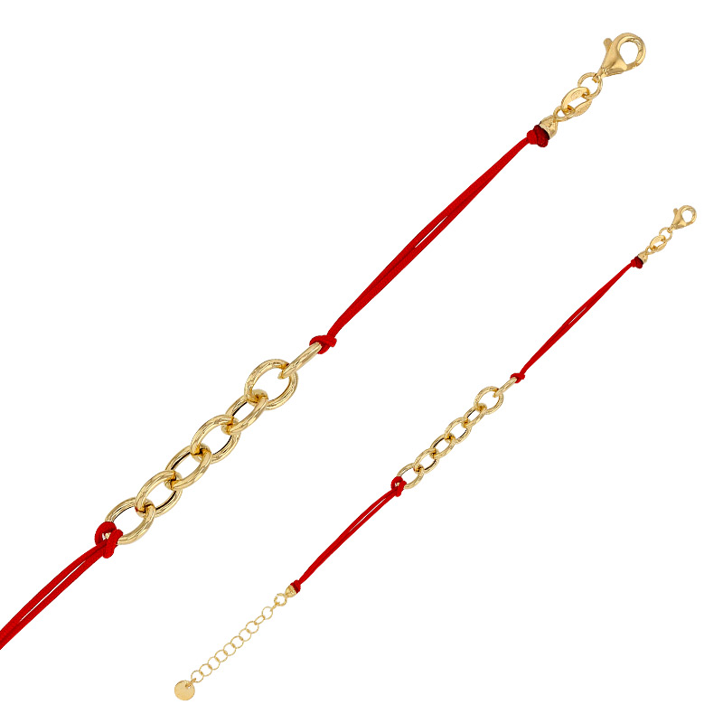 Bracelet cordon nylon rouge, anneaux et fermoir argent 925/1000 doré