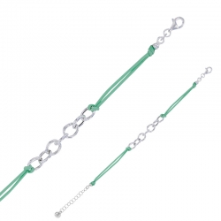Bracelet cordon nylon vert sauge, anneaux et fermoir argent 925/1000