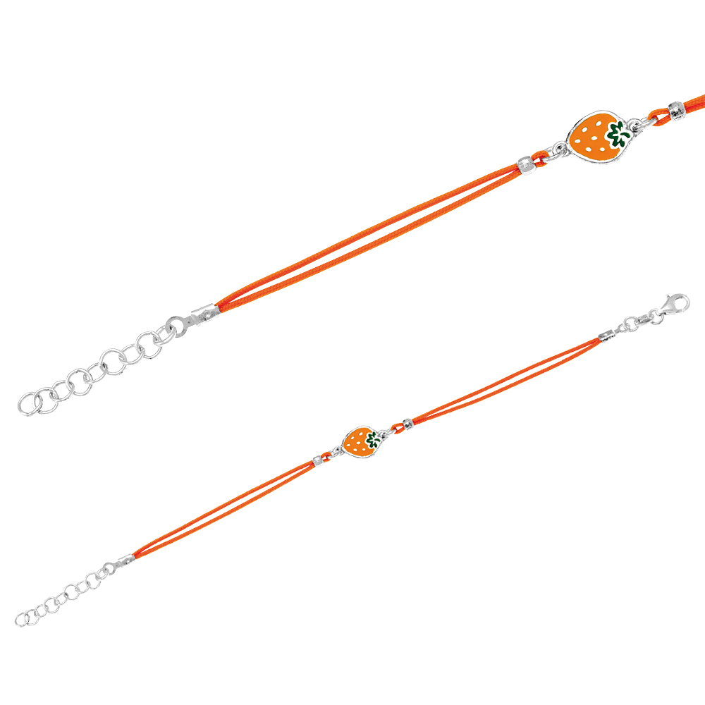 Bracelet cordon orange avec fraise laquée, fermoir argent rhodié