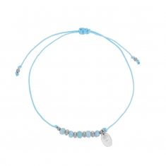 Bracelet cordon réglable bleu ciel orné de 5 pierres Larimar facettées et argent 925/1000