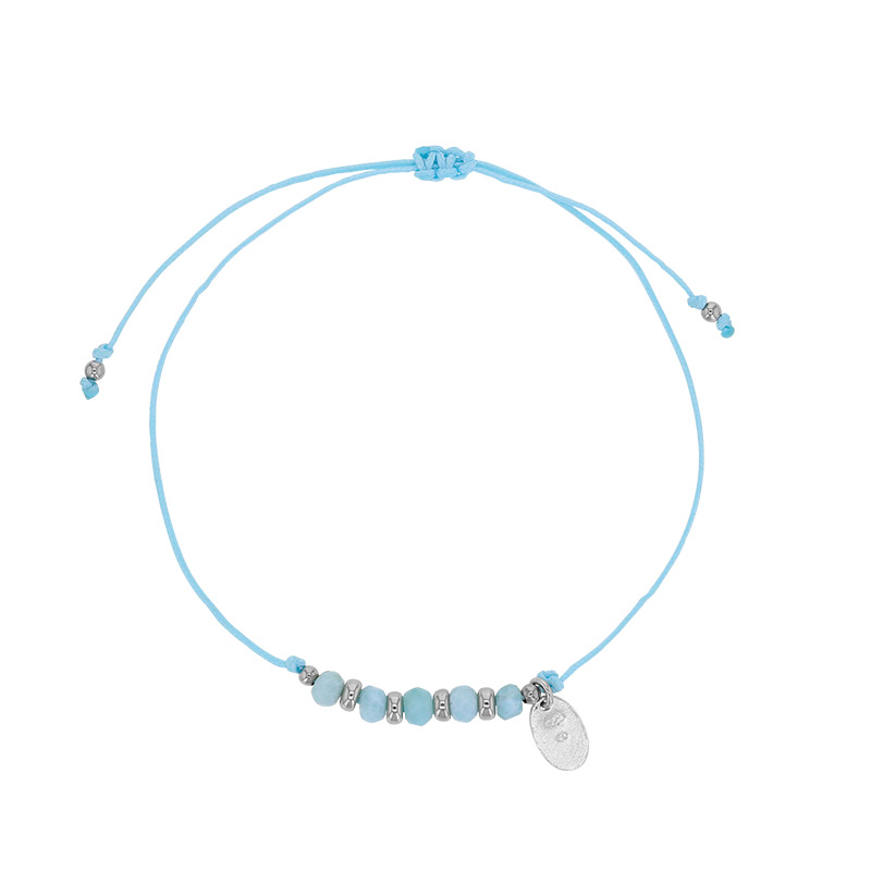 Bracelet cordon réglable bleu ciel orné de 5 pierres Larimar facettées et argent 925/1000