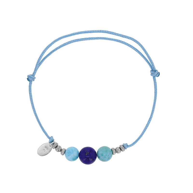 Bracelet cordon réglable bleu ciel orné de pierres rondes Larimar, lapis lazuli et argent 925/1000