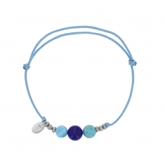 Bracelet cordon réglable bleu ciel orné de pierres rondes Larimar, lapis lazuli et argent 925/1000