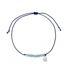 Bracelet cordon réglable bleu marine orné de 5 pierres Larimar facettées et argent 925/1000