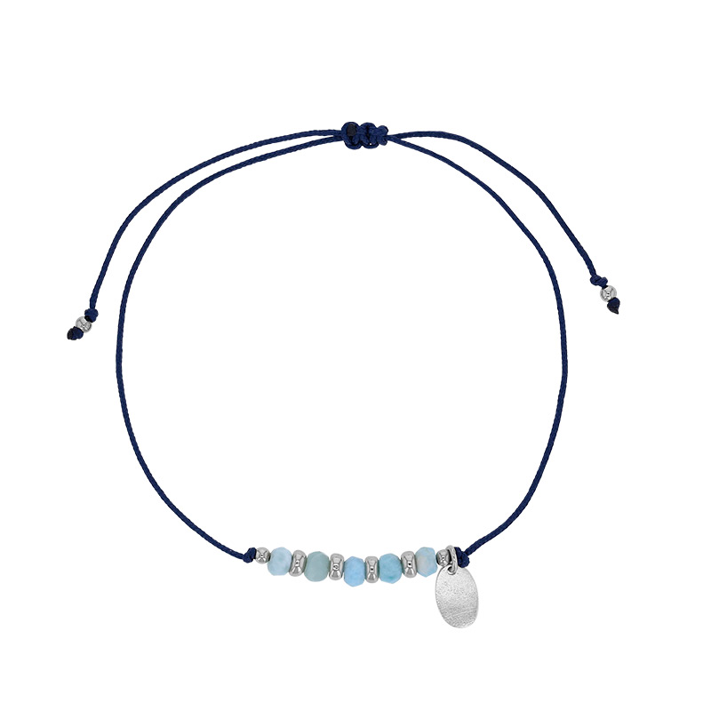 Bracelet cordon réglable bleu marine orné de 5 pierres Larimar facettées et argent 925/1000