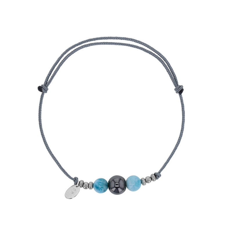 Bracelet cordon réglable gris orné de pierres rondes Larimar, hématite et argent 925/1000