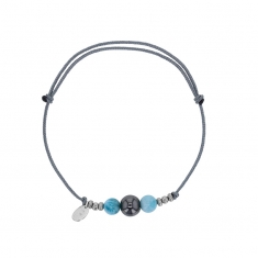 Bracelet cordon réglable gris orné de pierres rondes Larimar, hématite et argent 925/1000