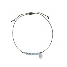 Bracelet cordon réglable kaki orné de 5 pierres Larimar facettées et argent 925/1000