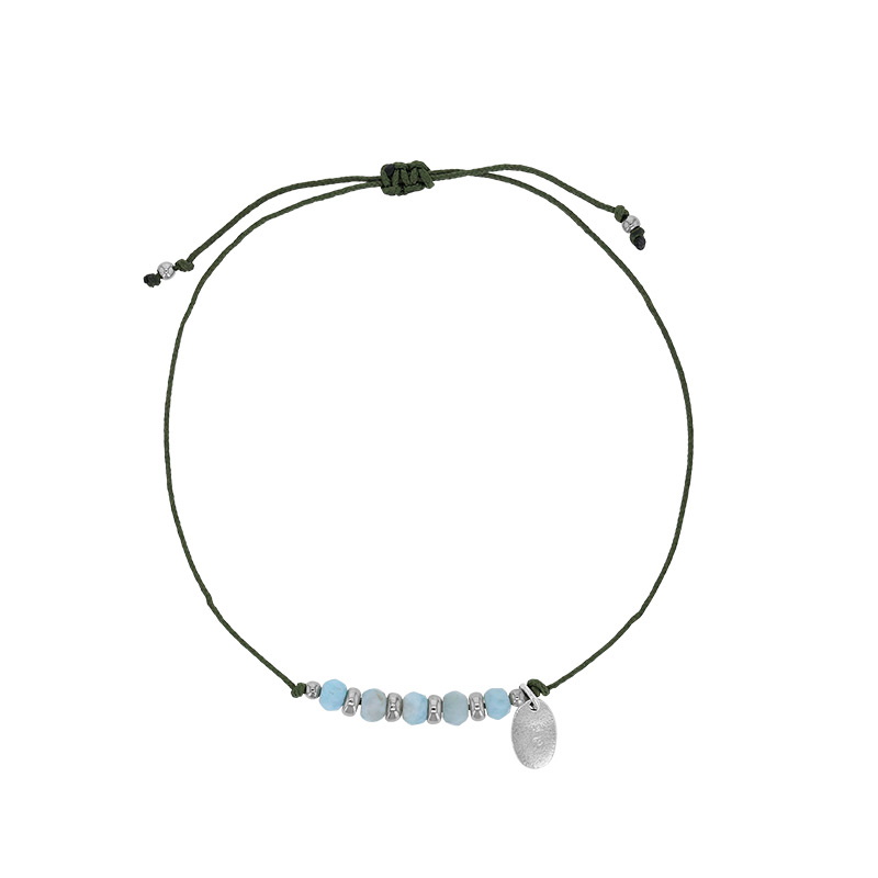 Bracelet cordon réglable kaki orné de 5 pierres Larimar facettées et argent 925/1000