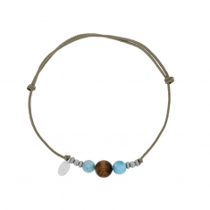 Bracelet cordon réglable kaki orné de pierres rondes Larimar, oeil de tigre et argent 925/1000