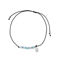 Bracelet cordon réglable noir orné de 5 pierres Larimar facettées et argent 925/1000