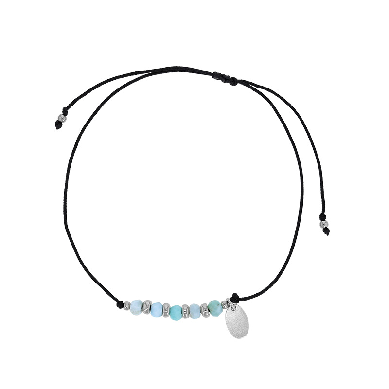 Bracelet cordon réglable noir orné de 5 pierres Larimar facettées et argent 925/1000