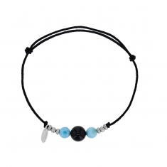 Bracelet cordon réglable noir orné de pierres rondes Larimar, onyx et argent 925/1000