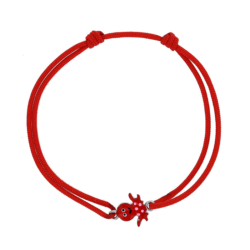 Bracelet cordon rouge, pieuvre avec émail, argent 925/1000 rhodié