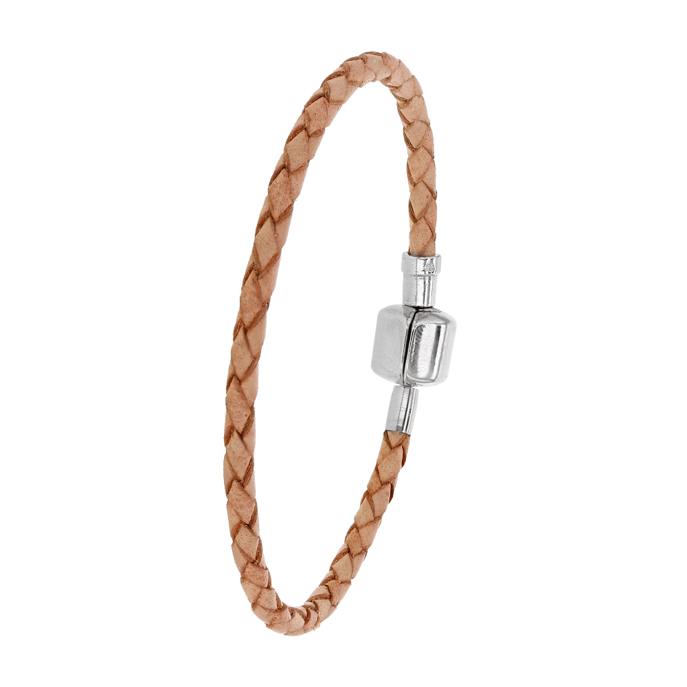 Bracelet cordon tressé en cuir de bovin avec fermoir en acier - beige