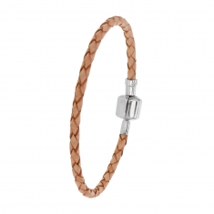 Bracelet cordon tressé en cuir de bovin avec fermoir en acier - beige