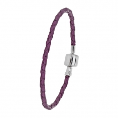 Bracelet cordon tressé en cuir de bovin avec fermoir en acier - mauve