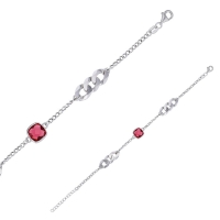 Bracelet cristal carré rouge facetté, maille gourmette, argent 925/1000 platiné