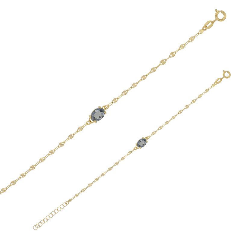 Bracelet cristal ovale gris foncé facetté, chaîne fantaisie argent 925/1000 doré