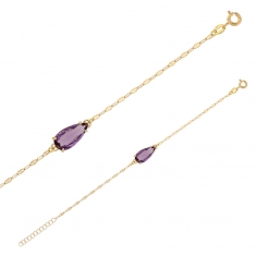 Bracelet cristal violet améthyste forme goutte, argent 925/1000 doré