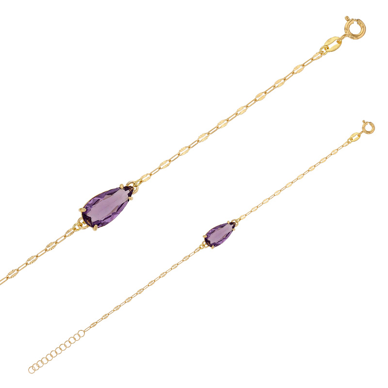 Bracelet cristal violet améthyste forme goutte, argent 925/1000 doré