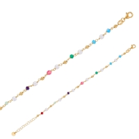 Bracelet cristaux de couleur, perles de culture d'eau douce, maille marine argent 925/1000 doré