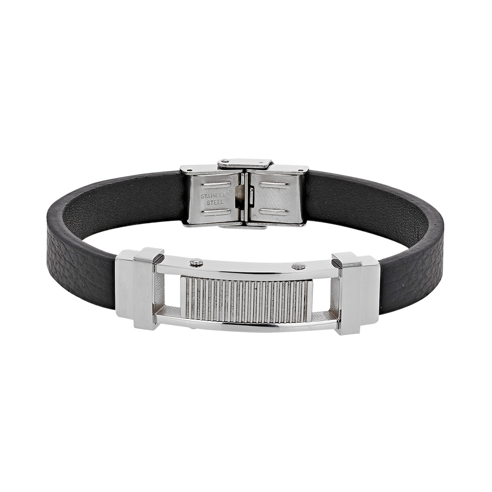 Bracelet croûte de cuir bovin noir et élément en acier
