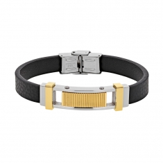 Bracelet croûte de cuir bovin noir et élément en acier doré