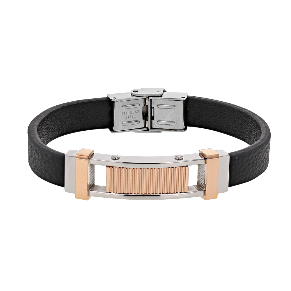 Bracelet croûte de cuir bovin noir et élément en acier doré rose