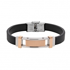 Bracelet croûte de cuir bovin noir et élément en acier doré rose