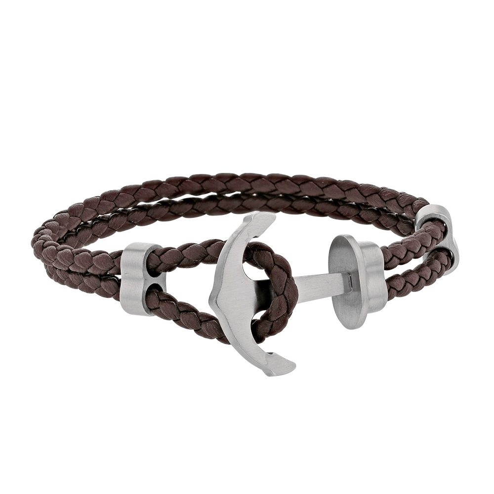 Bracelet croûte de cuir de bovin tressé marron, ancre marine acier