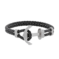 Bracelet croûte de cuir de bovin tressé noir, ancre marine acier