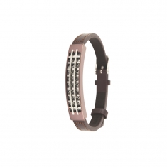 Bracelet cuir d'équin marron avec un grand rectangle à grille en acier marron/gris