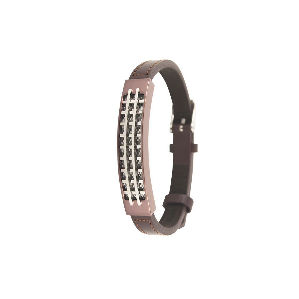 Bracelet cuir d'équin noir avec un grand rectangle à grille en acier gris