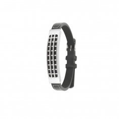 Bracelet cuir d'équin noir avec un grand rectangle à grille en acier gris