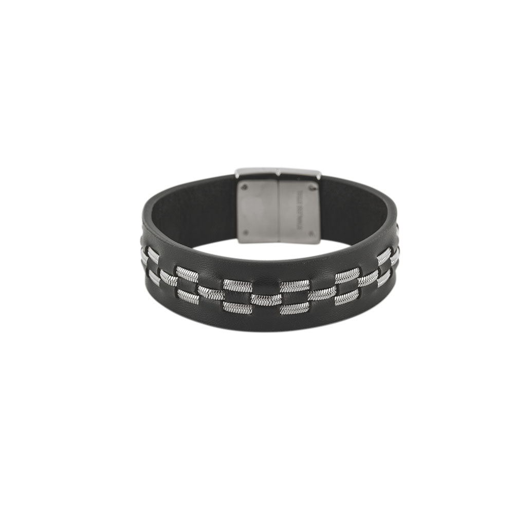 Bracelet cuir d'ovin noir et acier 19cm