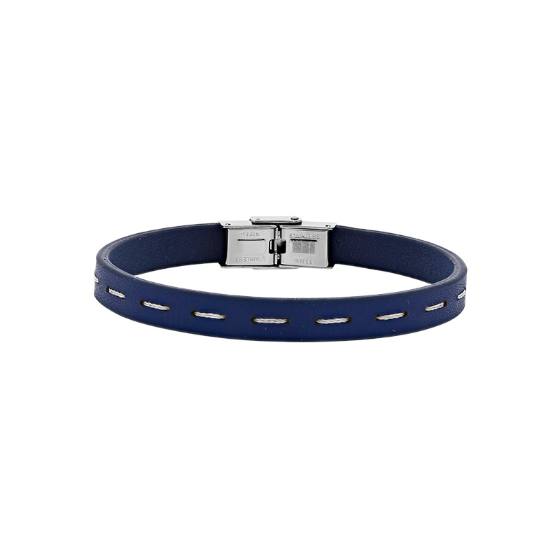 Bracelet cuir de bovin bleu marine avec fil de coton blanc, fermoir acier