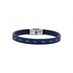 Bracelet cuir de bovin bleu marine avec fil de coton blanc, fermoir acier