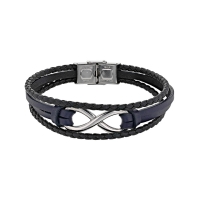 Bracelet cuir de bovin bleu marine et noir tressé, signe Infini et fermoir acier