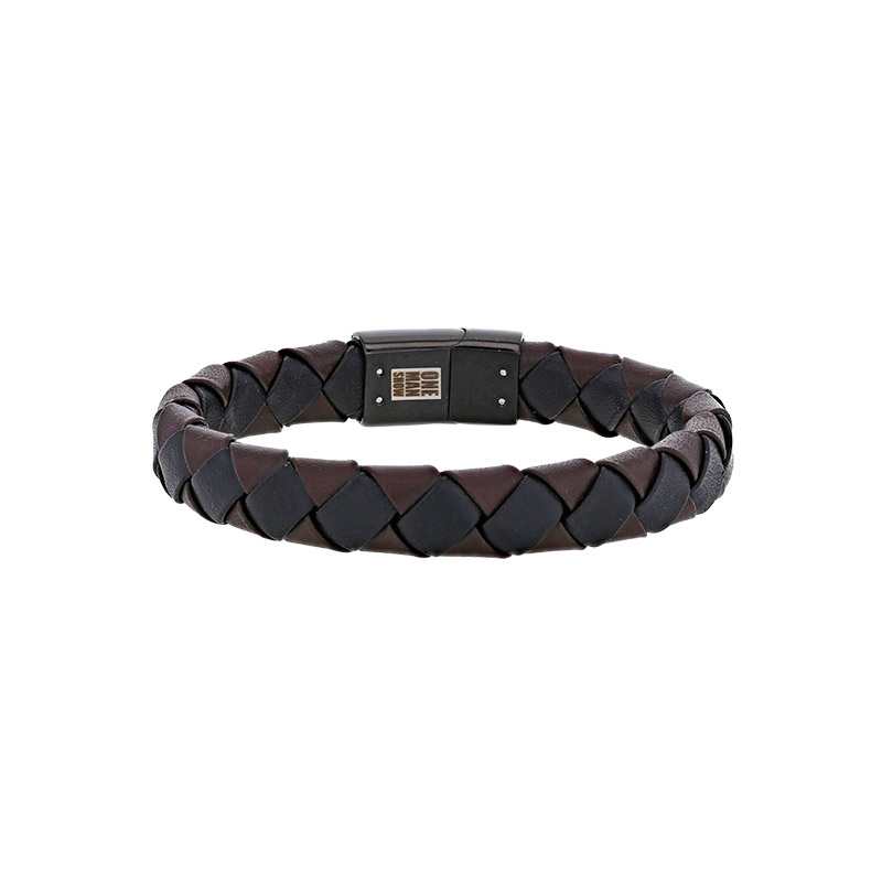 Bracelet cuir de bovin croisé noir et marron, fermoir acier noir