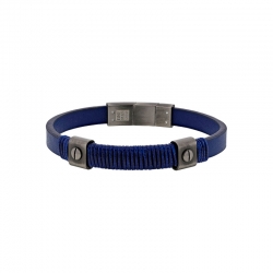 Bracelet cuir de bovin et fil de coton bleu marine, éléments et fermoir acier vieilli
